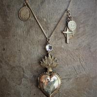 Rare Antique French Flaming Ex Voto Heart Locket Necklace with Rare Small Antique French Penin Lyon Guardian Angel Medal,Antique Cross,Bezel Set Rock Crystal, and Foxtail Chain