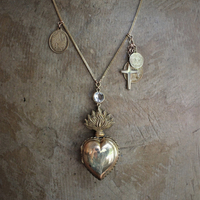 Rare Antique French Flaming Ex Voto Heart Locket Necklace with Rare Small Antique French Penin Lyon Guardian Angel Medal,Antique Cross,Bezel Set Rock Crystal, and Foxtail Chain