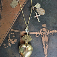 Rare Antique French Flaming Ex Voto Heart Locket Necklace with Rare Small Antique French Penin Lyon Guardian Angel Medal,Antique Cross,Bezel Set Rock Crystal, and Foxtail Chain