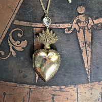 Rare Antique French Flaming Ex Voto Heart Locket Necklace with Rare Small Antique French Penin Lyon Guardian Angel Medal,Antique Cross,Bezel Set Rock Crystal, and Foxtail Chain