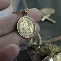 Rare Antique French Flaming Ex Voto Heart Locket Necklace with Rare Small Antique French Penin Lyon Guardian Angel Medal,Antique Cross,Bezel Set Rock Crystal, and Foxtail Chain