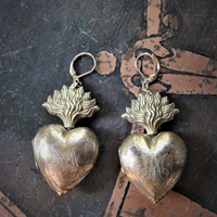 Petit Antique French Engraved Saint Anne and Mary Flaming Heart Ex Voto Locket Earrings