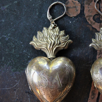 Petit Antique French Engraved Saint Anne and Mary Flaming Heart Ex Voto Locket Earrings