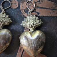 Petit Antique French Engraved Saint Anne and Mary Flaming Heart Ex Voto Locket Earrings