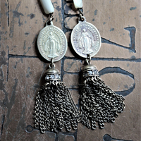 With Me Necklace Set w/Antique French Engraved Saint Anne Ex Voto Locket, Antique French Immaculate Mary Medals,Antique MOP Chain, Antique Chain Tassels