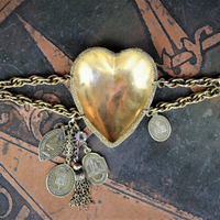 Antique French Engraved Ex Voto Heart Bracelet with Rare Antique French Medals,Bezel Set Faceted Crystal Connector,Antique Chain Tassel