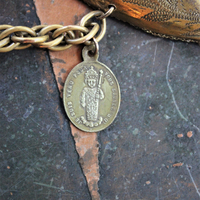 Antique French Engraved Ex Voto Heart Bracelet with Rare Antique French Medals,Bezel Set Faceted Crystal Connector,Antique Chain Tassel