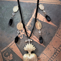 Antique French Engraved St. Anthony of Padua Ex Voto Heart Locket Necklace w/Antique Black Silk Velvet Chain and Oval Poms,Antique French Medals,Bezel Set Faceted Crystal Connectors