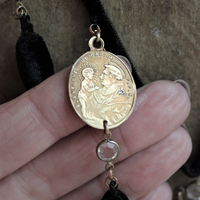 Antique French Engraved St. Anthony of Padua Ex Voto Heart Locket Necklace w/Antique Black Silk Velvet Chain and Oval Poms,Antique French Medals,Bezel Set Faceted Crystal Connectors