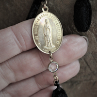 Antique French Engraved St. Anthony of Padua Ex Voto Heart Locket Necklace w/Antique Black Silk Velvet Chain and Oval Poms,Antique French Medals,Bezel Set Faceted Crystal Connectors