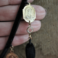 Antique French Engraved St. Anthony of Padua Ex Voto Heart Locket Necklace w/Antique Black Silk Velvet Chain and Oval Poms,Antique French Medals,Bezel Set Faceted Crystal Connectors