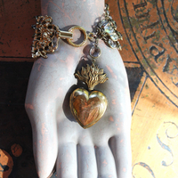 The Wisdom Bracelet with Petit Antique French Engraved St. Anthony of Padua Ex Voto Heart Locket,Vintage Bezel Set Flat Faceted Crystal Chain,Unique Clasp