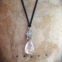 The Truth Necklace with Amazing Faceted Rock Quartz Tear Drop, Engraved 8 Point Star Connector, Butter Soft Black Suede Leather Ties