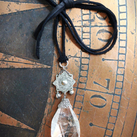 The Truth Necklace with Amazing Faceted Rock Quartz Tear Drop, Engraved 8 Point Star Connector, Butter Soft Black Suede Leather Ties