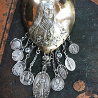 Heart of St. Therese Necklace with Antique French Medals, Antique Art Deco Faceted Crystal Drops,Antique Chain