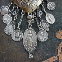 Heart of St. Therese Necklace with Antique French Medals, Antique Art Deco Faceted Crystal Drops,Antique Chain