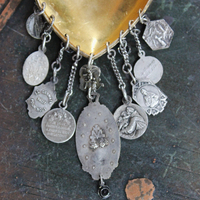 Heart of St. Therese Necklace with Antique French Medals, Antique Art Deco Faceted Crystal Drops,Antique Chain