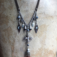 The Power of Enlightenment Necklace with Silver Double Vajra, Antique Kuchi Tassel and Findings, Painted Moon & Stars Drops and Leather Ties