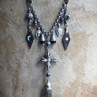 The Power of Enlightenment Necklace with Silver Double Vajra, Antique Kuchi Tassel and Findings, Painted Moon & Stars Drops and Leather Ties