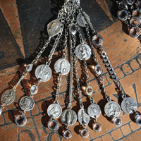 Ave Maria Tassel Necklace with 8 Strand Antique French Medals, Multiple Chain Fragments and Faceted Crystals