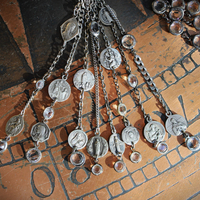 Ave Maria Tassel Necklace with 8 Strand Antique French Medals, Multiple Chain Fragments and Faceted Crystals