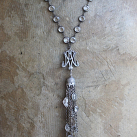 Ave Maria Tassel Necklace with 8 Strand Antique French Medals, Multiple Chain Fragments and Faceted Crystals