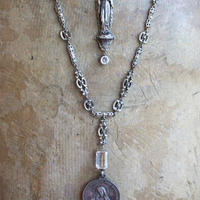 NEW! Antique French Benetier Marian Pendant Necklace with Antique Bezel Set Faceted Crystal and Sterling Rolo Chain