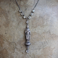 NEW! Antique French Benetier Marian Pendant Necklace with Antique Bezel Set Faceted Crystal and Sterling Rolo Chain