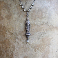 NEW! Antique French Benetier Marian Pendant Necklace with Antique Bezel Set Faceted Crystal and Sterling Rolo Chain