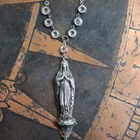 NEW! Antique French Benetier Marian Pendant Necklace with Antique Bezel Set Faceted Crystal and Sterling Rolo Chain