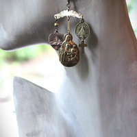 Asymmetrical Earrings with Petit Antique French Ex Voto Locket, Antique Engraved Witches Heart,Generations of Christ Finding & More!