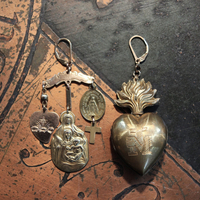 Asymmetrical Earrings with Petit Antique French Ex Voto Locket, Antique Engraved Witches Heart,Generations of Christ Finding & More!