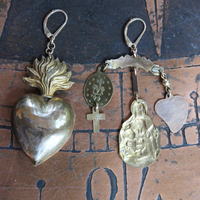 Asymmetrical Earrings with Petit Antique French Ex Voto Locket, Antique Engraved Witches Heart,Generations of Christ Finding & More!