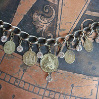 Antique Embossed Link Charm Bracelet Set with Antique French Medals and Cup Set Faceted Rhinestone Drops