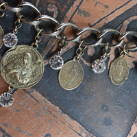 Antique Embossed Link Charm Bracelet Set with Antique French Medals and Cup Set Faceted Rhinestone Drops