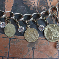 Antique Embossed Link Charm Bracelet Set with Antique French Medals and Cup Set Faceted Rhinestone Drops