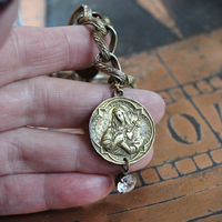 Antique Embossed Link Charm Bracelet Set with Antique French Medals and Cup Set Faceted Rhinestone Drops