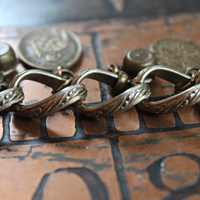 Antique Embossed Link Charm Bracelet Set with Antique French Medals and Cup Set Faceted Rhinestone Drops