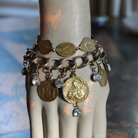 Antique Embossed Link Charm Bracelet Set with Antique French Medals and Cup Set Faceted Rhinestone Drops