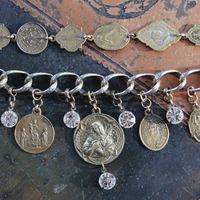 Antique Embossed Link Charm Bracelet Set with Antique French Medals and Cup Set Faceted Rhinestone Drops