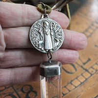Begin Again Unisex Necklace with Rare Large Sterling Saint Benedict Medal,Sterling Capped Quartz Point,Antique Rosary Crucifix & More!