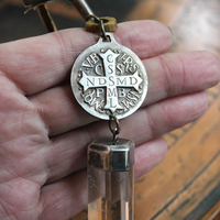 Begin Again Unisex Necklace with Rare Large Sterling Saint Benedict Medal,Sterling Capped Quartz Point,Antique Rosary Crucifix & More!