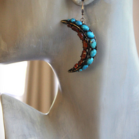 Turquoise & Carnelian Crescent Moon Earrings with Vintage Iradj Moini Findings and Leverback Earring Wires