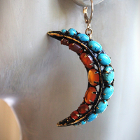 Turquoise & Carnelian Crescent Moon Earrings with Vintage Iradj Moini Findings and Leverback Earring Wires