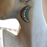 Turquoise & Carnelian Crescent Moon Earrings with Vintage Iradj Moini Findings and Leverback Earring Wires