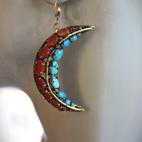 Turquoise & Carnelian Crescent Moon Earrings with Vintage Iradj Moini Findings and Leverback Earring Wires