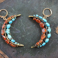 Turquoise & Carnelian Crescent Moon Earrings with Vintage Iradj Moini Findings and Leverback Earring Wires