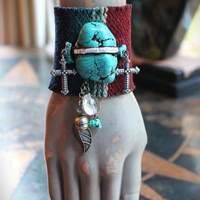 I Will Come Back Again Cuff Bracelet w/Antique Cotton Serape Textile,Turquoise Nuggets,Faceted Clear Quartz,Antique Nickel Buttons & More!