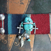 I Will Come Back Again Cuff Bracelet w/Antique Cotton Serape Textile,Turquoise Nuggets,Faceted Clear Quartz,Antique Nickel Buttons & More!