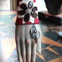 Allow Your Soul Cuff Bracelet with Antique Embroidered Textile, Antique French Medals,Faceted Almandine Garnet & Religious Rose